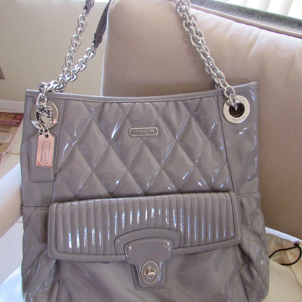 COACH Quilted GRAY Poppy Patent Leather Handbag